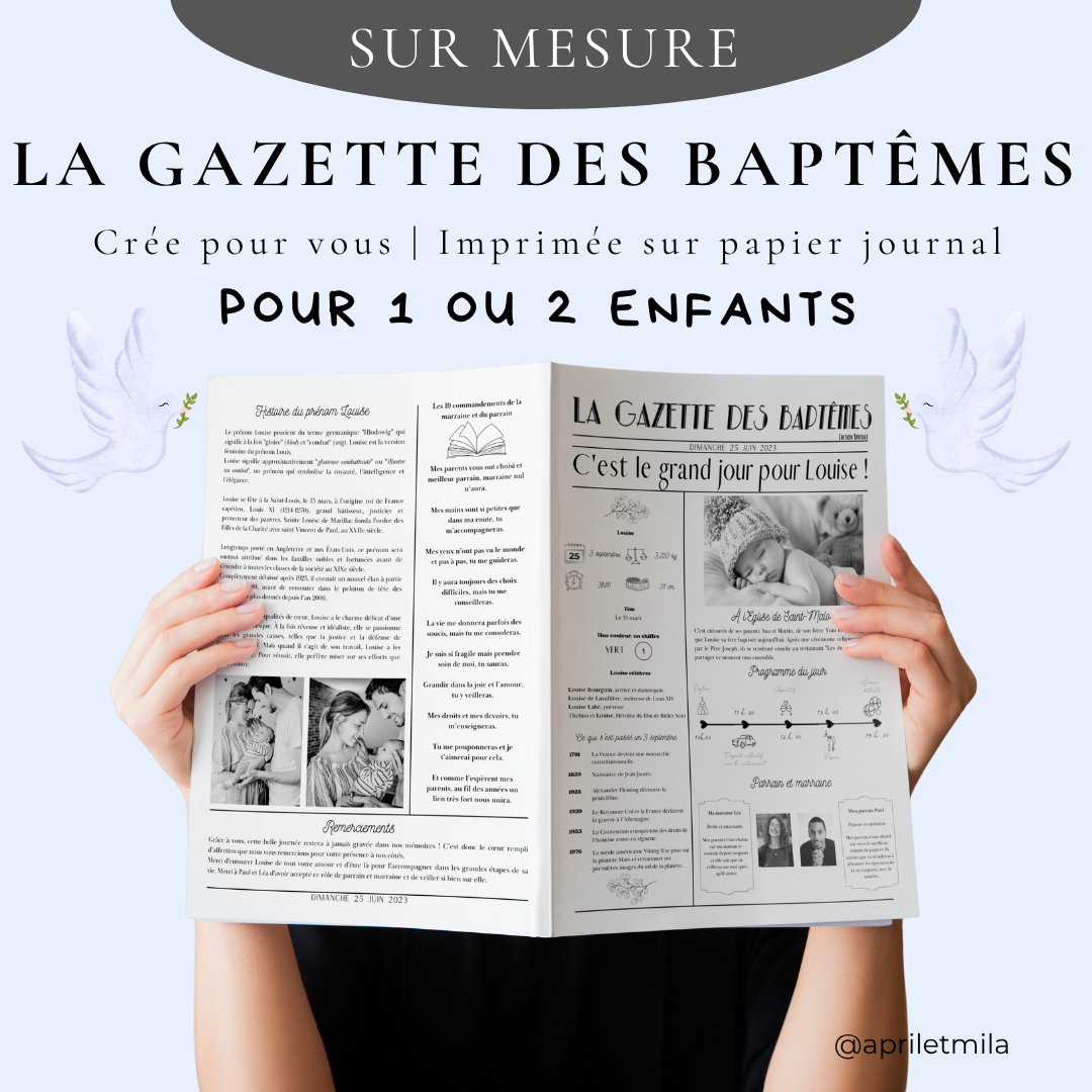 Son Baptême en Une de Journal - Gazette Baptême Personnalisée - 50 impressions incluses
