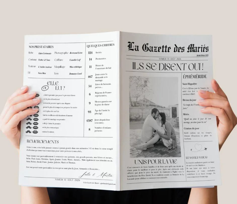 Votre Histoire en Une de Journal - Gazette Mariage Personnalisée - 100 impressions incluses